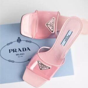 ✨SOLD✨New Prada PVC Pink Triangle Logo Leather Kitten Heel Mule Size 37 1/2